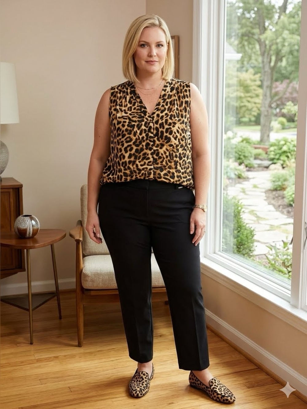 Vince Camuto Leopard-Print Sleeveless V-Neck Blouse in Tan and Black